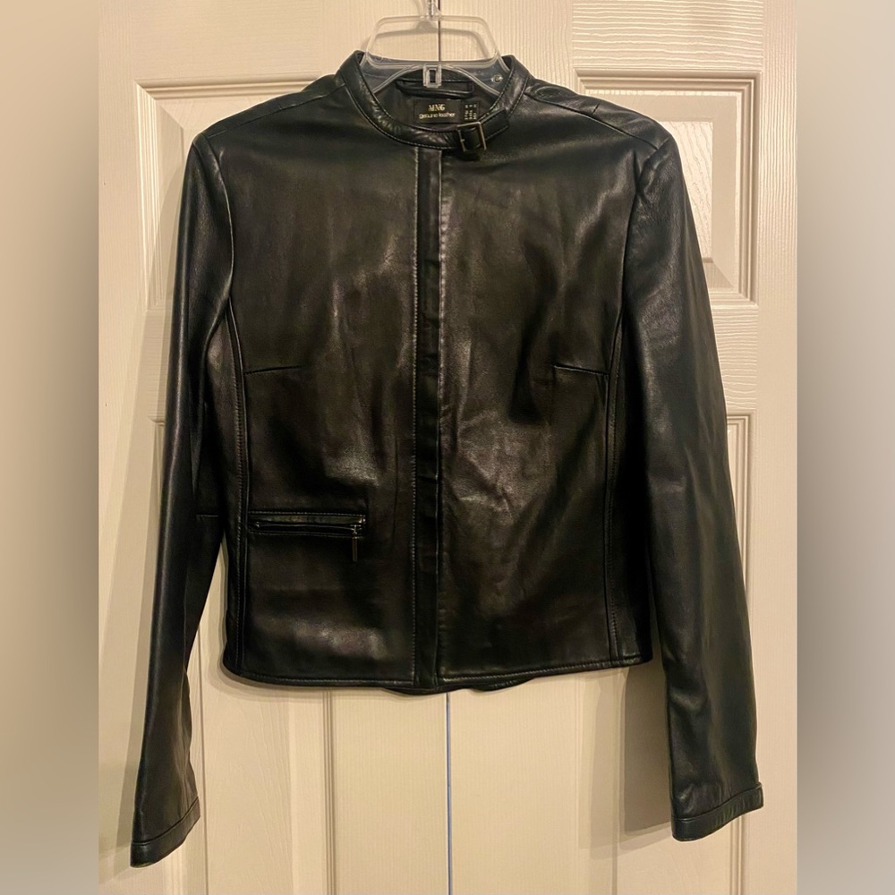 Mango Black Lambs Leather Zipper Biker Jacket Excellent Condition Sz S